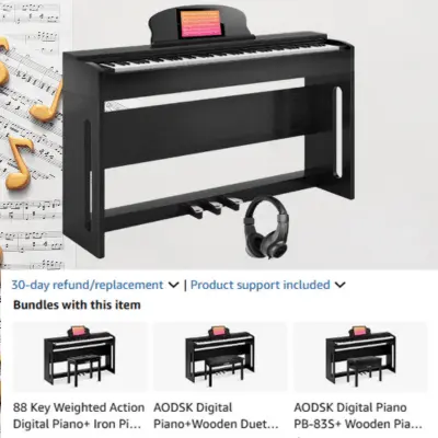 an image of AODSK B-83S 88-key weighted digital piano with furniture stand, triple pedals, and headphones
